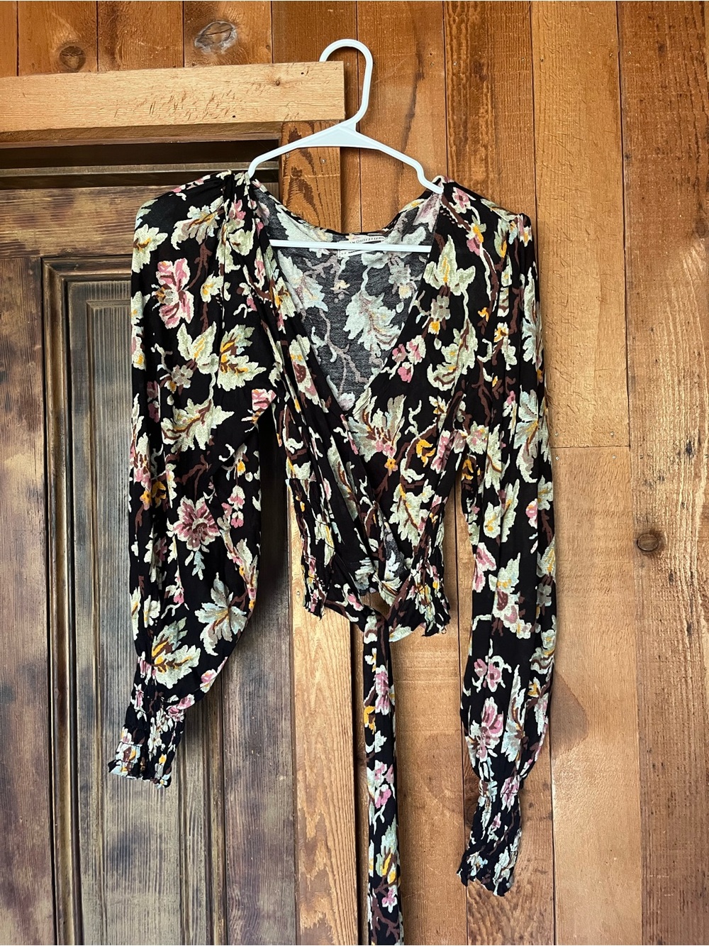Urban Outfitters Black Floral Tie-Wrap Blouse with Pink & Cream Blooms
